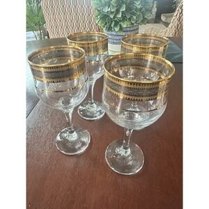 4 Vtg Gold Platinum Band Wine Goblets Glasses Geometric Hollywood Regency  6.5"